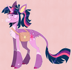 Size: 2118x2084 | Tagged: safe, artist:wanderingpegasus, twilight sparkle, classical unicorn, pony, unicorn, alternate design, alternate hairstyle, bag, beady eyes, beige background, body markings, chest fluff, cloven hooves, coat markings, colored hooves, colored pinnae, cute, eyebrows, eyebrows visible through hair, facial markings, female, freckles, full body, glasses, heart mark, leonine tail, mare, markings, pale belly, ponytail, redesign, saddle bag, simple background, snip (coat marking), solo, standing, star (coat marking), sweat, sweatdrop, twiabetes, unicorn twilight, unshorn fetlocks