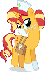 Size: 4000x6315 | Tagged: safe, artist:n0kkun, sunset shimmer, pony, unicorn, g4, alternate hairstyle, bag, blushing, clothes, cute, female, gloves, hat, mare, mask, nurse, nurse hat, nurse outfit, saddle bag, shimmerbetes, simple background, solo, surgical mask, transparent background, vector