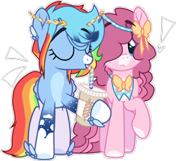 Size: 1750x1596 | Tagged: safe, artist:rickysocks, pinkie pie, rainbow dash, pony, g4, alternate design, base used, cloud pattern, cup, drinking straw, duo, hoof hold, simple background, sipping, transparent background