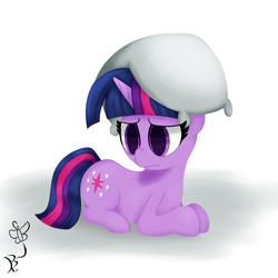 Size: 3200x3200 | Tagged: safe, artist:daftramms, twilight sparkle, pony, unicorn, g4, cute, high res, lying down, no catchlights, pillow, prone, simple background, solo, twiabetes, unicorn twilight, upset, white background