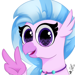 Size: 2000x2000 | Tagged: safe, artist:daftramms, silverstream, hippogriff, g4, cute, diastreamies, female, high res, jewelry, looking at you, necklace, open mouth, peace sign, simple background, solo