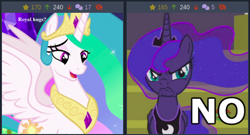 Size: 508x274 | Tagged: safe, princess celestia, princess luna, alicorn, pony, derpibooru, a royal problem, celestial advice, g4, jewelry, juxtaposition, meta, no, regalia, scowl, text