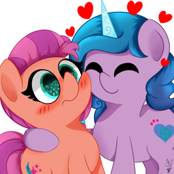 Size: 2000x2000 | Tagged: safe, artist:daftramms, izzy moonbow, sunny starscout, earth pony, pony, unicorn, g5, blushing, cheek squish, cheek to cheek, cute, duo, female, heart, high res, hug, lesbian, love, ship:moonscout, shipping, squishy cheeks