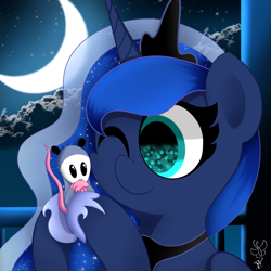 Size: 2000x2000 | Tagged: safe, artist:daftramms, princess luna, tiberius, alicorn, pony, g4, cute, female, high res, mare, mascot, moon, night, solo