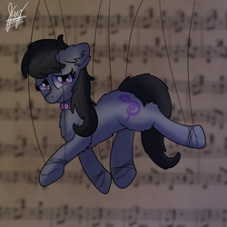 Size: 2048x2048 | Tagged: safe, artist:jay_wackal, octavia melody, earth pony, pony, g4, a puppet to her fame, blurry background, high res, music notes, sad, solo, strings, suspended