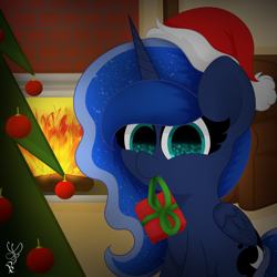 Size: 2000x2000 | Tagged: safe, artist:daftramms, princess luna, alicorn, pony, g4, christmas, christmas tree, couch, cute, fire, fireplace, hat, high res, holiday, present, santa hat, solo, tree