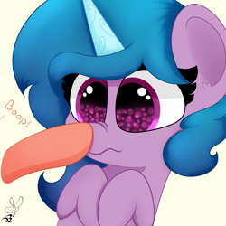 Size: 2000x2000 | Tagged: safe, artist:daftramms, izzy moonbow, pony, unicorn, g5, boop, cute, female, high res, implied sunny starscout, mare, offscreen character, solo focus, wavy mouth