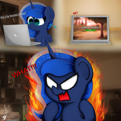Size: 2000x2000 | Tagged: safe, artist:daftramms, princess luna, alicorn, pony, g4, angry, computer, cute, high res, laptop computer, meme, solo