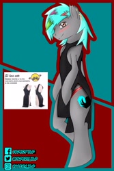 Size: 2000x3000 | Tagged: safe, artist:papery xlp, oc, oc only, oc:papery xlp, earth pony, semi-anthro, arm hooves, bipedal, blushing, clothes, crossdressing, dress, ear piercing, earth pony oc, high res, looking at you, male, piercing, side slit, smiling, smiling at you, solo, stallion, torn ear, total sideslit