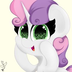 Size: 2000x2000 | Tagged: safe, artist:daftramms, sweetie belle, pony, unicorn, g4, cute, daaaaaaaaaaaw, diasweetes, female, filly, foal, happy, high res, open mouth, open smile, signature, smiling, solo, weapons-grade cute