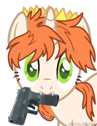 Size: 470x605 | Tagged: safe, artist:etoz, oc, oc only, oc:etoz, pony, unicorn, base used, crown, fangs, female, gun, horn, jewelry, looking at you, mare, regalia, simple background, solo, transparent background, unicorn oc, weapon