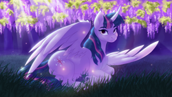 Size: 3840x2160 | Tagged: safe, artist:bluefeathercat, twilight sparkle, alicorn, pony, backwards cutie mark, butt, crepuscular rays, curved horn, female, grass, horn, looking at you, mare, plot, solo, twibutt, twilight sparkle (alicorn), unshorn fetlocks