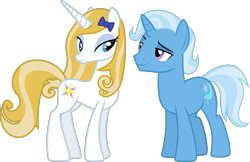 Size: 2576x1666 | Tagged: safe, artist:90sigma, artist:henx125, artist:whalepornoz, edit, prince blueblood, trixie, pony, unicorn, g4, bow, duo, female, hair bow, male, princess bluebelle, recolor, ribbon, rule 63, ship:bluetrix, ship:trisbelle, shipping, simple background, straight, transparent background, tristan, vector