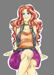 Size: 1924x2678 | Tagged: safe, artist:tatsuk0, sunset shimmer, human, equestria girls, g4, anime, clothes, crossed legs, female, gray background, humanized, knees, legs, outline, shirt, shoes, simple background, sitting, skirt, smiling, solo, white outline