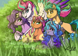 Size: 1400x1000 | Tagged: safe, artist:batrina, hitch trailblazer, izzy moonbow, pipp petals, sunny starscout, zipp storm, alicorn, earth pony, pegasus, pony, unicorn, g5, my little pony: a new generation, alicornified, female, grass, group shot, lying down, male, mane five, mare, prone, race swap, signature, smiling, stallion, sunnycorn