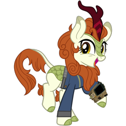Size: 3200x3200 | Tagged: safe, artist:ponygamer2020, autumn blaze, kirin, fallout equestria, sounds of silence, awwtumn blaze, clothes, cute, daaaaaaaaaaaw, fallout, female, happy, jumpsuit, kirin day, kirinbetes, looking at you, mare, pipboy, raised hoof, simple background, smiling, smirk, solo, transparent background, vault suit, vector