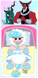 Size: 992x2048 | Tagged: safe, artist:mommymidday, cozy glow, lord tirek, queen chrysalis, changeling, changeling queen, pegasus, pony, g4, abdl, angry, blushing, bonnet, booties, bow, commission, cozybetes, cute, diaper, diaper fetish, female, fetish, filly, foal, hair bow, heart, heart eyes, humiliation, hypno eyes, hypnosis, hypnotized, lying down, mittens, non-baby in diaper, on back, pacifier, poofy diaper, ribbon, ruffles, show accurate, sissy, sissyfication, spell gone wrong, stroller, swirly eyes, wingding eyes