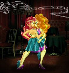 Size: 2196x2320 | Tagged: safe, artist:ponymaan, adagio dazzle, sunset shimmer, equestria girls, g4, backless, bare shoulders, clothes, dancing, dress, duo, female, high heels, high res, lesbian, music notes, ship:sunsagio, shipping, shoes, sleeveless, tango