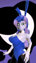 Size: 900x1600 | Tagged: safe, artist:oatmeal!, princess luna, vice principal luna, equestria girls, g4, 3d, bowtie, breasts, bunny ears, bunny suit, busty princess luna, clothes, cuffs (clothes), cutie mark, cutie mark background, easter, easter bunny, gmod, hand on hip, holiday, leotard, pantyhose, playboy bunny, sexy, simple background, smiling, solo