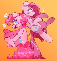 Size: 3362x3619 | Tagged: safe, artist:cocopudu, pinkie pie, earth pony, pony, g4, duality, duo, emanata, female, gradient background, high res, mare, open mouth, open smile, pinkamena diane pie, self paradox, self ponidox, smiling, teary eyes, white pupils