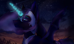 Size: 2500x1500 | Tagged: safe, artist:cyberpriduroksiriuis, nightmare moon, alicorn, pony, g4, bat wings, cloud, ethereal mane, female, glowing, glowing horn, horn, lidded eyes, looking at you, mare, sky, solo, stars, twilight (astronomy), windswept mane, wings