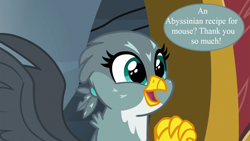 Size: 1280x720 | Tagged: safe, edit, edited screencap, editor:korora, screencap, gabby, griffon, g4, the fault in our cutie marks, behaving like a cat, carnivore, cute, furry reminder, gabbybetes, griffons doing cat things, griffonstone, happy, solo, speech bubble