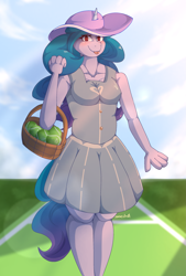 Size: 1701x2512 | Tagged: safe, artist:nanazdina, izzy moonbow, unicorn, anthro, g5, my little pony: a new generation, :p, ball, blushing, clothes, cute, field, ibispaint x, izzy's tennis ball, izzybetes, looking at you, skirt, solo, tennis ball, tongue out