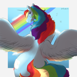 Size: 1080x1080 | Tagged: safe, artist:thundersnivy, rainbow dash, alicorn, pony, g4, alicornified, cloud, female, from behind, looking at you, looking back, looking back at you, mare, race swap, rainbow, rainbowcorn, signature, sky, smiling, solo, spread wings, wings