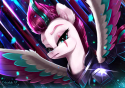 Size: 1997x1403 | Tagged: safe, artist:darksly, tempest shadow, zipp storm, pegasus, pony, g5, alternate hairstyle, alternate universe, armor, colored wings, eye scar, female, frown, looking at you, mare, multicolored wings, scar, signature, solo, spread wings, wings
