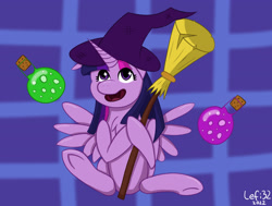 Size: 1999x1511 | Tagged: safe, artist:lefi32, twilight sparkle, alicorn, pony, g4, broom, checkered background, hat, holding, horn, potion, simple background, smiling, solo, twilight sparkle (alicorn), wings, witch, witch hat, witchcraft