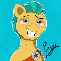 Size: 4200x4200 | Tagged: safe, artist:engi, hitch trailblazer, earth pony, pony, g5, my little pony: tell your tale, absurd resolution, badge, chad, colored pupils, confident, digital art, eyebrows, grin, lidded eyes, looking at you, male, sheriff, signature, simple background, smiling, smiling at you, smug, solo, stallion