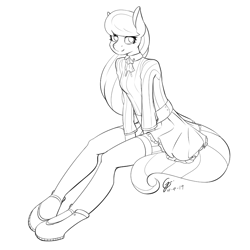 Size: 800x800 | Tagged: safe, artist:laptop-pone, octavia melody, earth pony, anthro, unguligrade anthro, g4, clothes, female, hoof shoes, lineart, monochrome, skirt, solo, stockings, thigh highs
