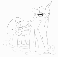 Size: 1200x1174 | Tagged: safe, artist:pabbley, princess luna, alicorn, pony, g4, black and white, female, frown, grayscale, lineart, luna is not amused, mare, monochrome, puddle, simple background, sketch, solo, unamused, wet, wet mane, white background