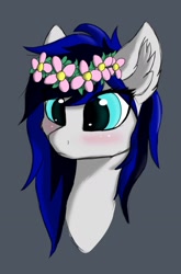 Size: 1042x1580 | Tagged: safe, artist:blackice, oc, oc:black ice, pony, blushing, ear fluff, female, floral head wreath, flower, gray background, mare, simple background, solo