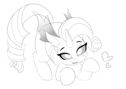 Size: 1200x847 | Tagged: safe, artist:pabbley, rarity, changeling, pony, g4, black and white, changelingified, cute, cute little fangs, fangs, female, floating heart, grayscale, heart, lineart, looking at you, monochrome, rariling, simple background, sketch, solo, species swap, white background