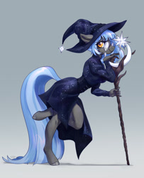 Size: 1560x1923 | Tagged: safe, artist:lunnita_pony, oc, oc only, earth pony, anthro, unguligrade anthro, clothes, corset, dress, female, glasses, hat, magic staff, round glasses, solo, witch, witch hat