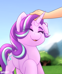 Size: 2000x2400 | Tagged: safe, artist:rivin177, starlight glimmer, human, pony, unicorn, g4, cute, daaaaaaaaaaaw, duo, eye clipping through hair, eyebrows, eyebrows visible through hair, eyes closed, female, female focus, glimmerbetes, hand, head pat, high res, offscreen character, one ear down, open mouth, open smile, pat, raised hoof, signature, smiling, solo focus