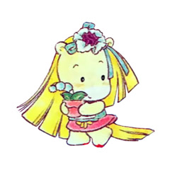 Size: 350x350 | Tagged: safe, sara sara, earth pony, pony, g1, official, bipedal, blonde, clothes, dress, flower, flower pot, hair accessory, hair ribbon, ribbon, simple background, solo, straight hair, takara pony, white background