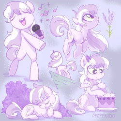 Size: 2048x2048 | Tagged: safe, artist:pfeffaroo, oc, oc only, oc:lavender spring, earth pony, pony, bipedal, bush, cake, cliff, earth pony oc, flower, food, frosting, high res, hopping, lavender, microphone, music notes, plant, singing, sleeping, standing
