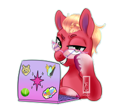 Size: 3300x3000 | Tagged: safe, artist:lightningchaserarts, sprout cloverleaf, earth pony, pony, g5, my little pony: a new generation, computer, evil smile, glasses, grin, high res, male, meme, mom glasses, simple background, smiling, smirk, stallion, sticker, transparent background