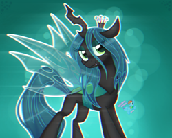 Size: 2521x2025 | Tagged: safe, artist:rainbow eevee, queen chrysalis, changeling, changeling queen, pony, g4, crown, cute, digital art, error, eyelashes, fanart, female, glitch, gradient background, grin, high res, jewelry, lidded eyes, looking at you, looking up, regalia, sharp teeth, smiling, solo, spread wings, teeth, wings