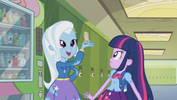 Size: 3410x1920 | Tagged: safe, screencap, trixie, twilight sparkle, equestria girls, g4, my little pony equestria girls, backpack, clothes, crackers, cute, cutie mark on clothes, diatrixes, duo, duo female, female, food, hallway, high res, jacket, lockers, open mouth, open smile, peanut butter, peanut butter crackers, smiling, vending machine