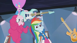 Size: 3410x1920 | Tagged: safe, screencap, pinkie pie, rainbow dash, equestria girls, g4, guitar centered, my little pony equestria girls: rainbow rocks, clothes, cutie mark on clothes, duo, duo female, electric guitar, female, grin, guitar, high res, musical instrument, smiling, upside down