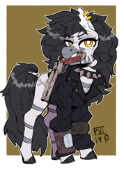 Size: 1316x1852 | Tagged: safe, artist:scarfyace, zebra, fallout equestria, choker, clothes, ear piercing, earring, gun, jacket, jewelry, leather jacket, piercing, pipbuck, spiked choker, weapon