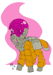 Size: 1240x1754 | Tagged: safe, artist:scarfyace, oc, oc:puppysmiles, earth pony, pony, fallout equestria, fallout equestria: pink eyes, broken, fanfic art, helmet, pink cloud (fo:e), radiation suit
