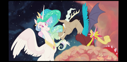 Size: 2220x1080 | Tagged: safe, artist:violetruen, discord, princess celestia, alicorn, draconequus, pony, g4, all dogs go to heaven, crown, don bluth, don bluth style, duo, element of magic, female, hand behind back, heaven, interspecies, jewelry, letterboxing, looking at each other, looking at someone, male, mare, regalia, ship:dislestia, shipping, straight, style emulation