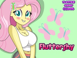 Size: 2560x1920 | Tagged: safe, artist:tonylixious, fluttershy, human, equestria girls, g4, belly button, big breasts, blush sticker, blushing, breasts, bust, busty fluttershy, cleavage, colored pupils, female, green background, looking at you, portrait, revised, simple background, solo