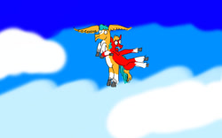 Size: 1280x800 | Tagged: safe, artist:horsesplease, hitch trailblazer, sprout cloverleaf, earth pony, pony, g5, big ears, cloud, flying, insanity, male, sad, sad hitch, scared, screaming, sky, stallion, wing ears, wings