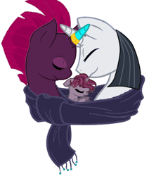 Size: 2721x3070 | Tagged: safe, artist:decokenite, artist:lexeebrotato, chancellor neighsay, fizzlepop berrytwist, tempest shadow, oc, oc:nightingale, pony, unicorn, g4, clothes, crossed horns, eyes closed, eyeshadow, female, filly, foal, high res, horn, horns are touching, makeup, male, mare, offspring, parent:chancellor neighsay, parent:tempest shadow, photo, scarf, shipping, sleeping, smiling, stallion, straight, tempest gets her horn back, tempest neighsay, trio