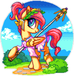 Size: 935x955 | Tagged: safe, artist:dasheroni, artist:lollipony, fluttershy, pegasus, pony, g4, alternate hairstyle, clothes, cosplay, costume, crossover, female, laurel wreath, manepxls, mare, mercyshy, overwatch, pixel art, ponytail, profile, pxls.space, simple background, smiling, solo, transparent background